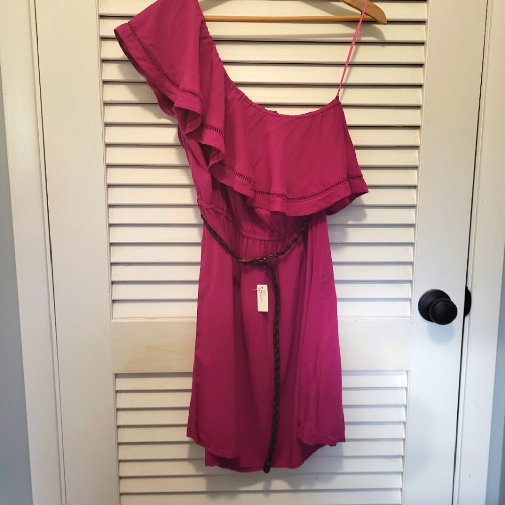Mudd Women's Dress Junior XL PINK  Fuchsia One-Shoulder Ruffle Belt Feminine NWT